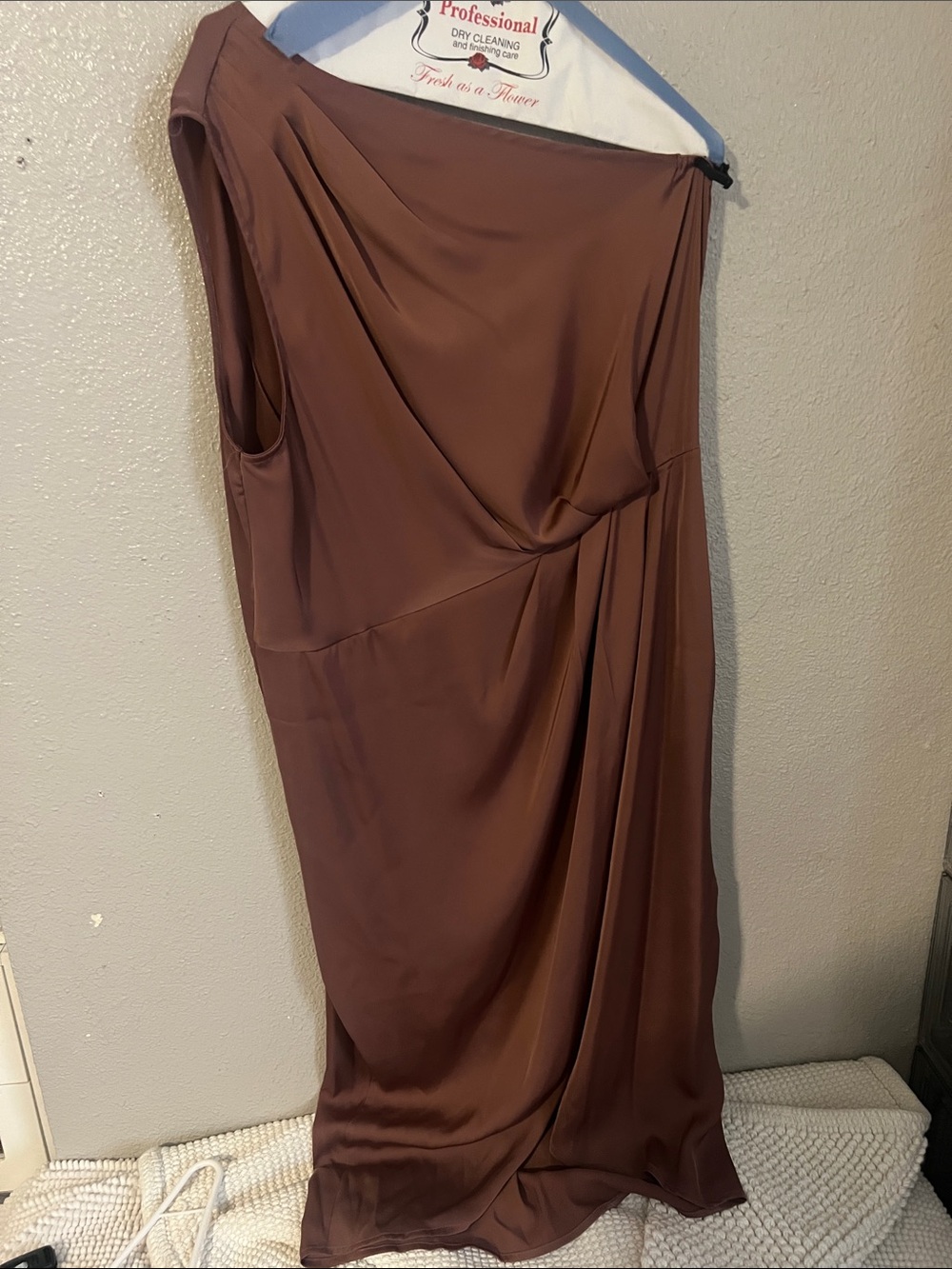 Elegant One-Shoulder Draped Dress in Warm Brown
